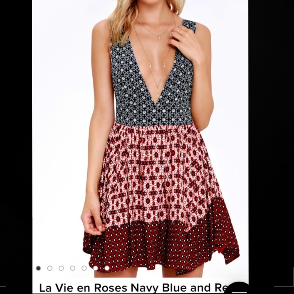 La Vie en Roses Navy Blue & Red Floral Print Dress